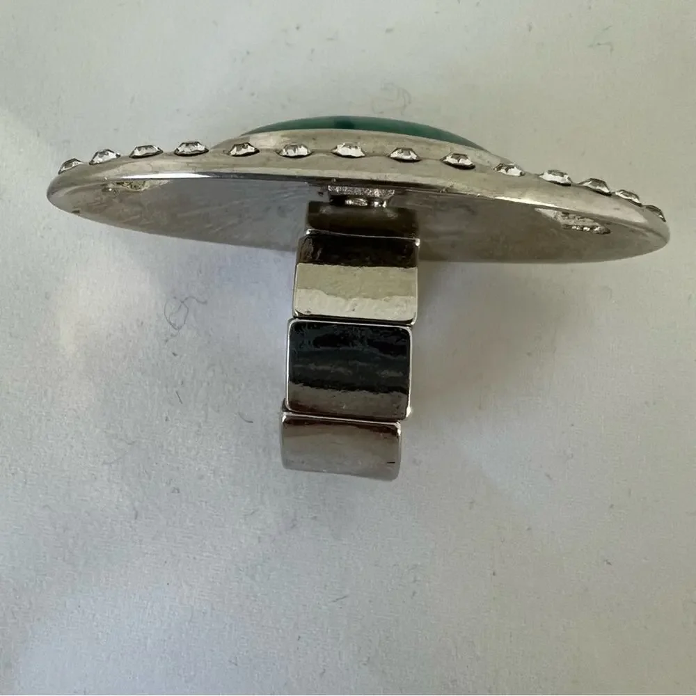 Ladies Cocktail Costume Jewelry Ring Silver Tone Band Faux Turquoise Adustable
